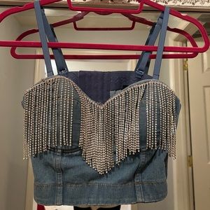 COPY - Rhinestone Fringe Denim Crop Top